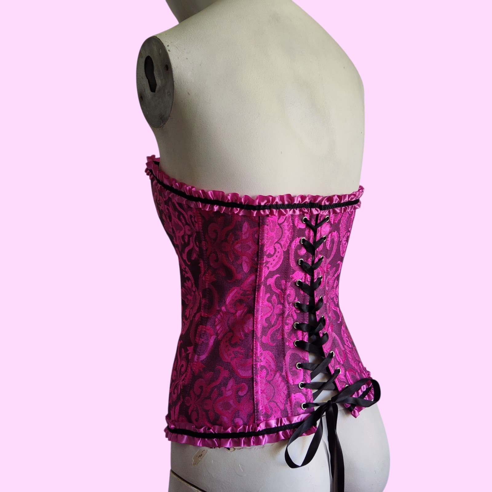 Ribbon Lace Back Over Bust Boned Corset Top Ruffle Regency Goth Damask Sz S