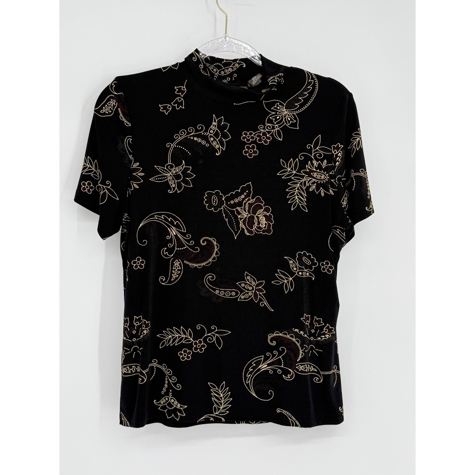 Kathy Ireland Essentials Womens Sz L Black Gold Paisley Floral Mock Neck Top USA
