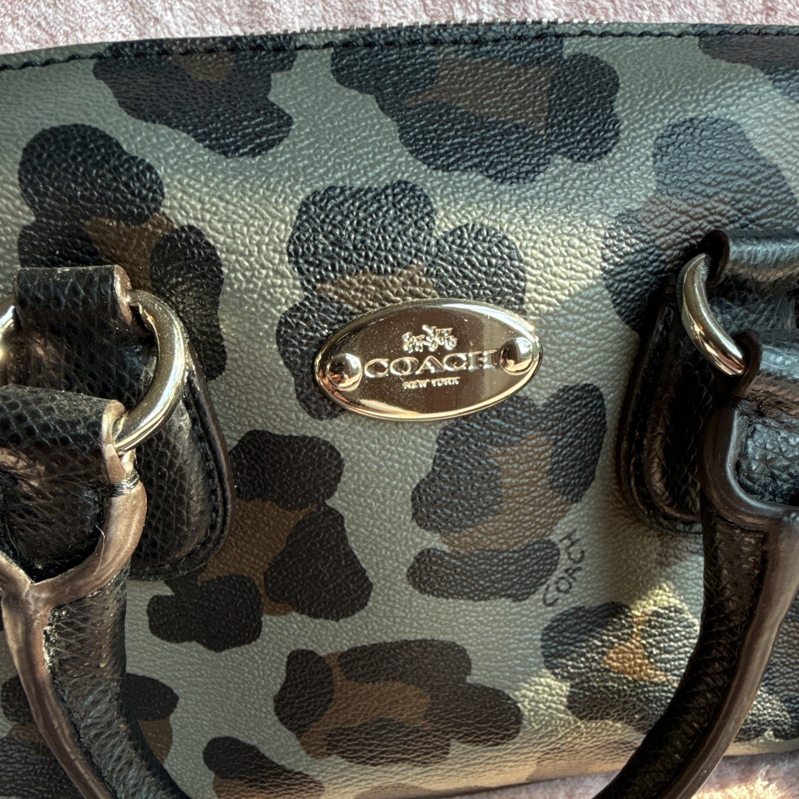 Coach Gray Black Animal Print Satchel Zip Crossbody Bowler Bag Detachable Strap