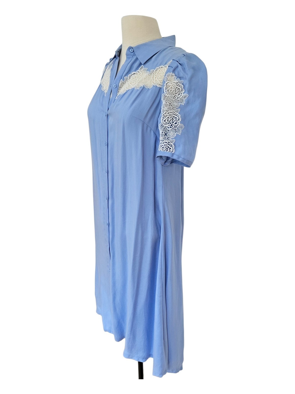 SANDRO PARIS Slade Lace-Inset Button-Down Duster Dress Sky Blue Sz FR 34 XS SM
