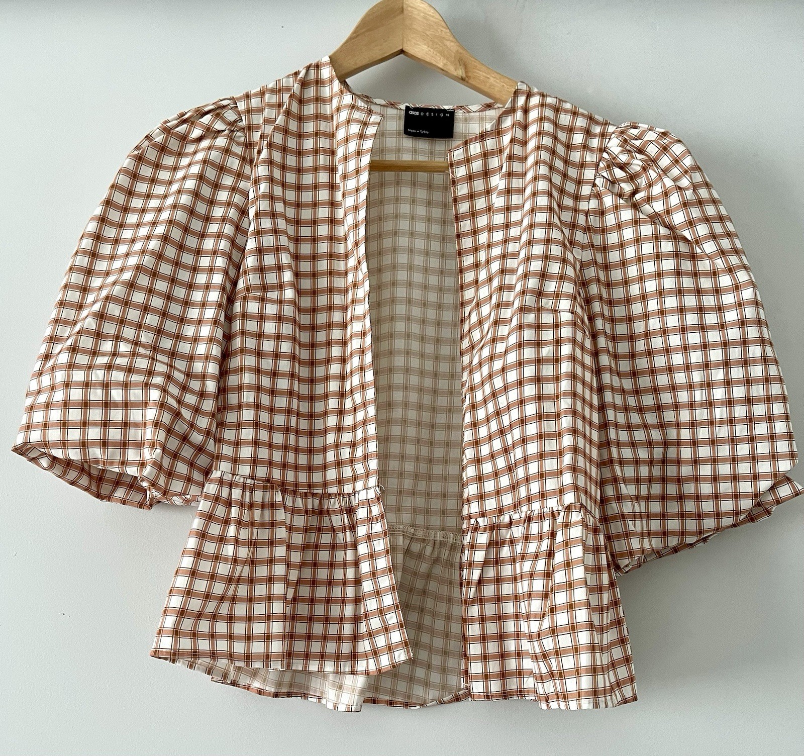 ASOS DESIGN Women’s Brown White Woven Cotton Plaid Peplum Puff Blouse XS
