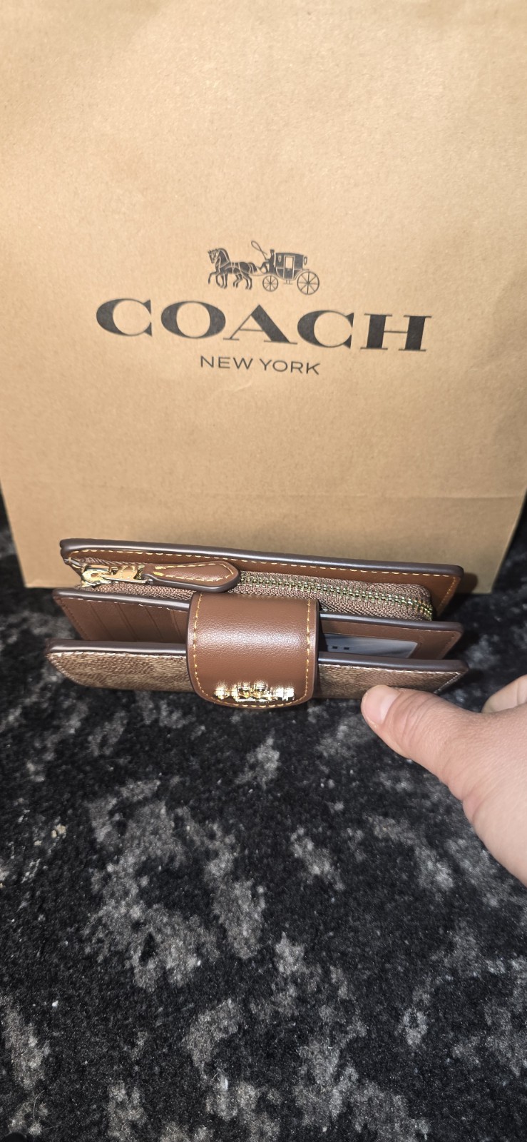 Coach Signature Logo Bifold Wallet Brown/Beige Zip Coin, ID Window, Cards