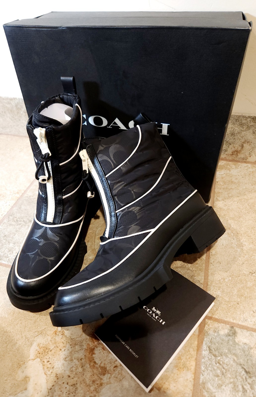 Coach | Women’s 5 B Leona CC Monogram Black Leather Nylon Lug Zip Boots NIB NEW