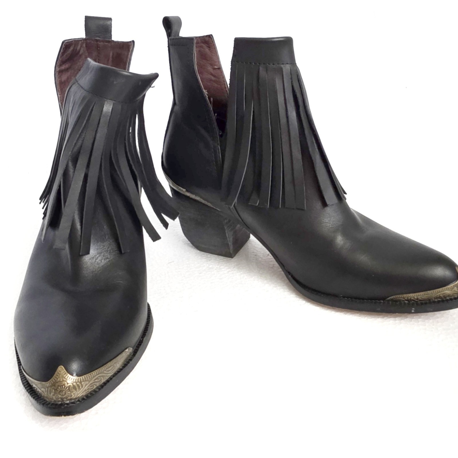 L&B Women’s Fring Black Leather Ankle Bootie Pointed Toe Fringe Block Heel Sz 6