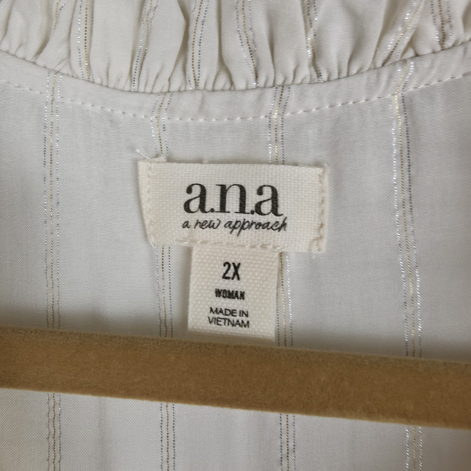 a.n.a 2X Boho Peasant Blouse Ivory Metallic Stripe Smocked Ruffle Cottagecore