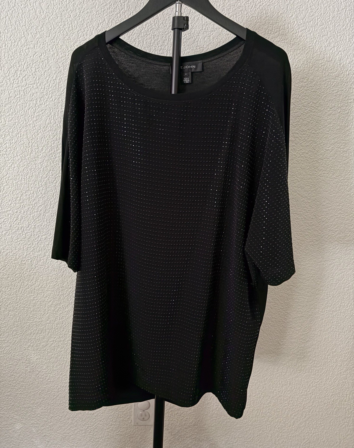 St. John Black Studded Knit Silk Blend Tunic Top Scoop Neck 3/4 Sleeve M