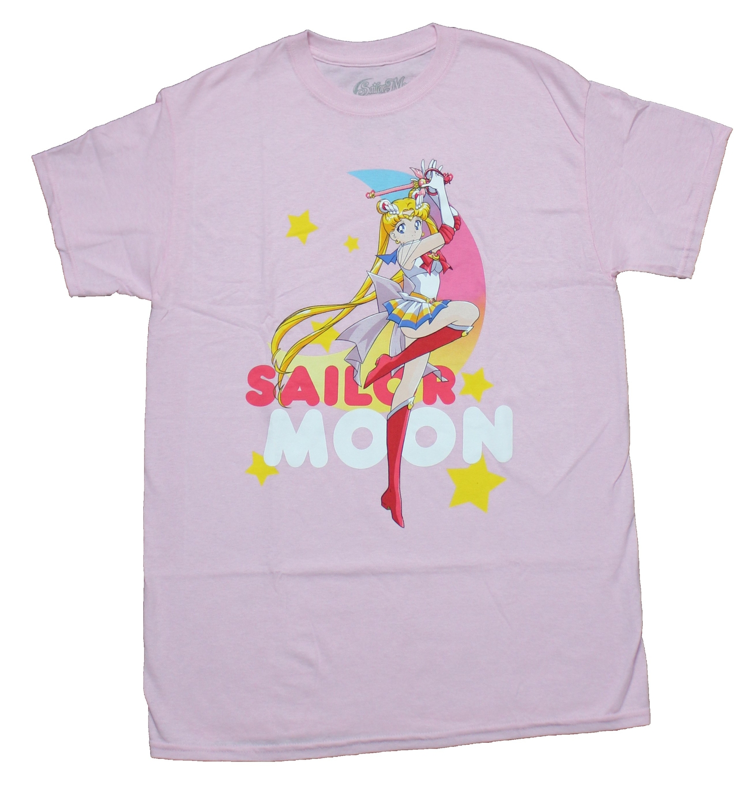 Sailor Moon Adult New T-Shirt – One Legged Pose Arms Up Over Logo
