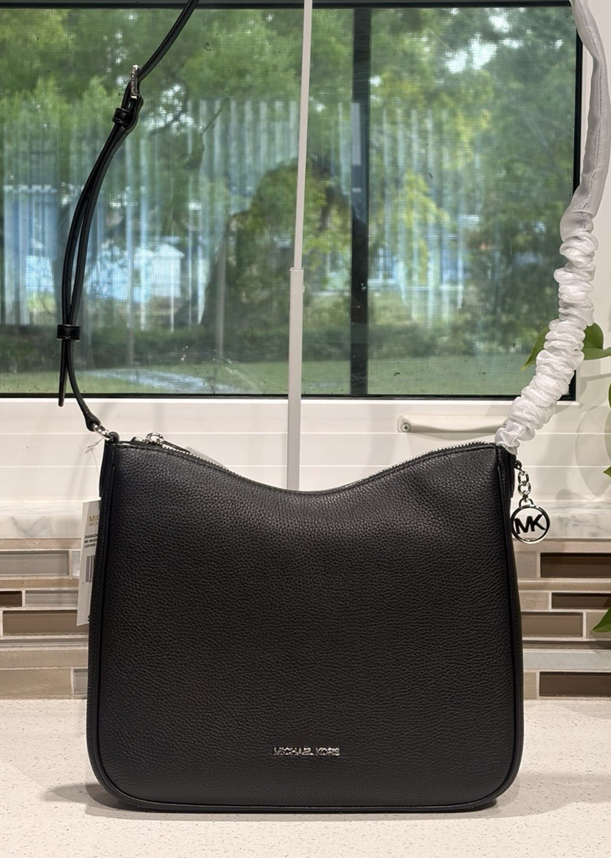 MICHAEL KORS NAYLA MEDIUM ZIP MESSENGER CROSSBODY BAG SHOULDER MK BLACK SILVER