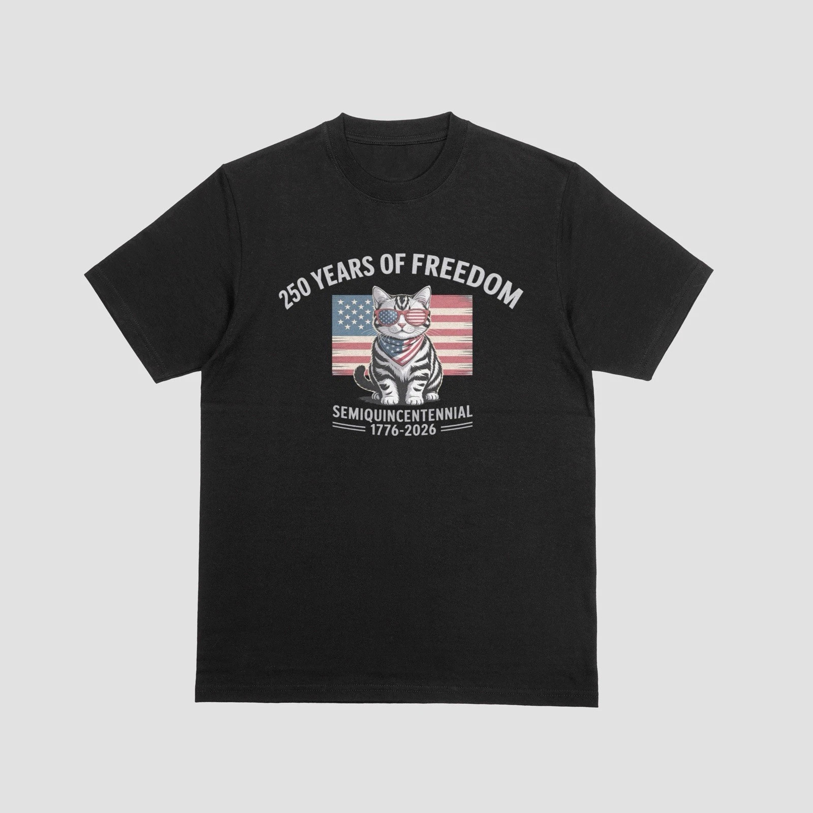 250 Years Of Freedom Cat Patriotic USA 1776-2026 Black T-Shirt