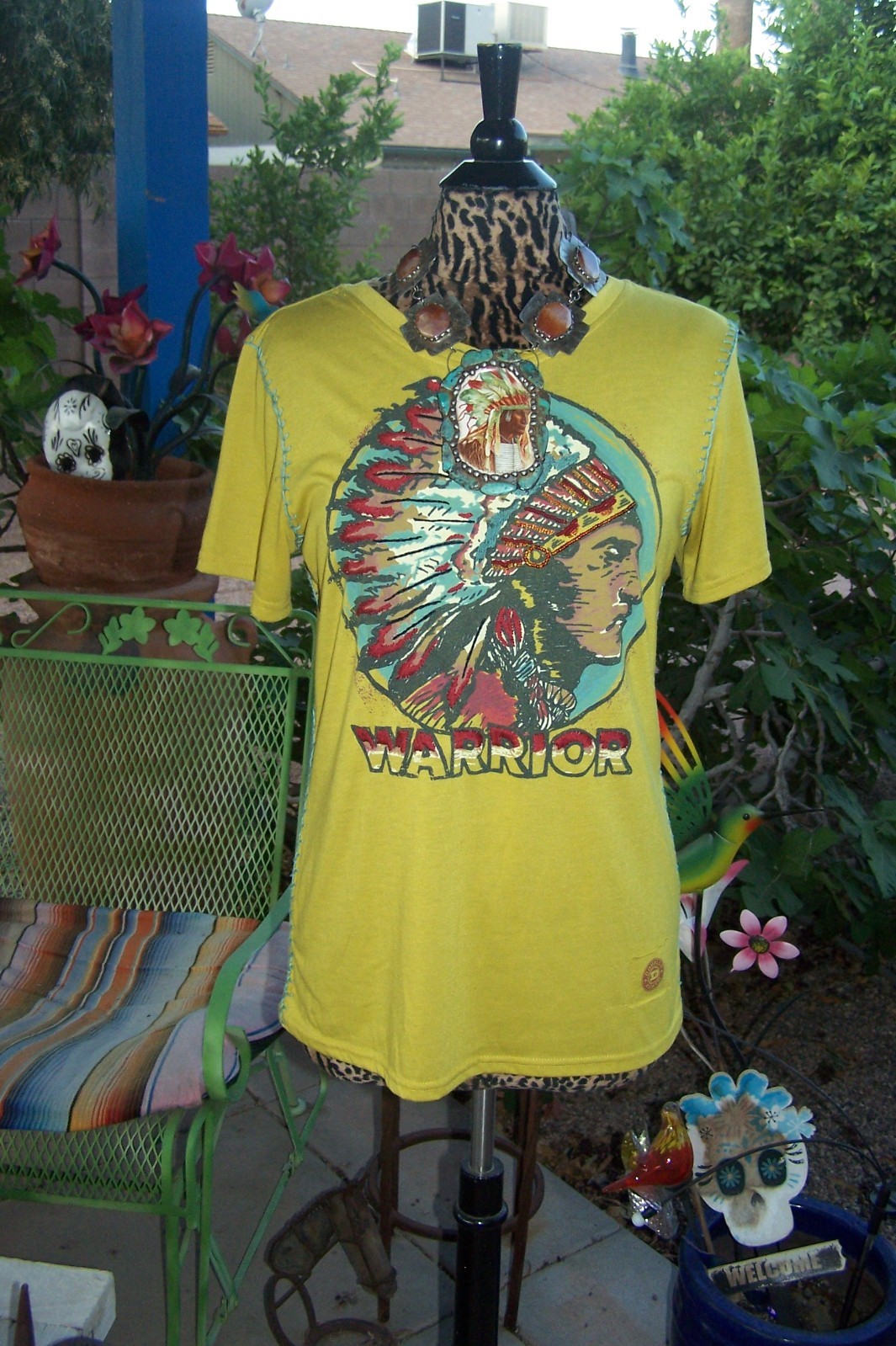 DOUBLE D RANCH L Indian WARRIOR Embroidered Beaded Graphic Western Tee Shirt EUC