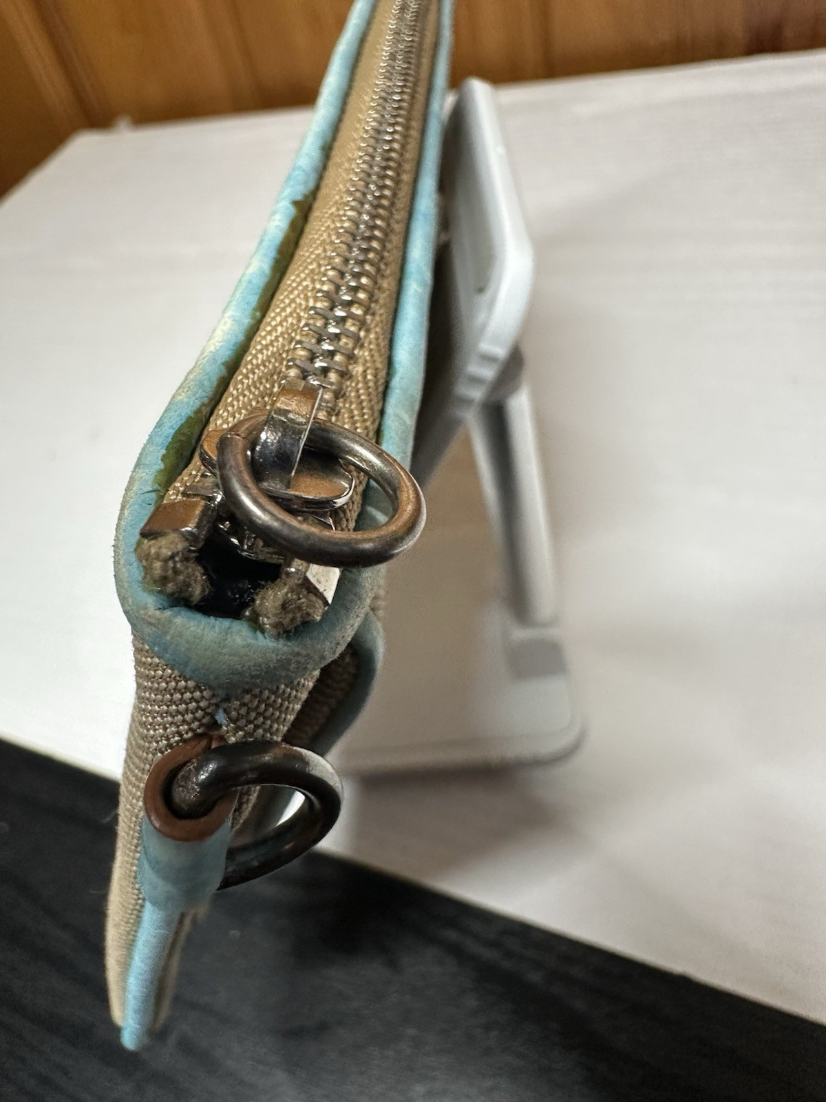 Michael Kors Beige & Light Blue Clutch Buckle Accent, Zipper, Silver Hardware