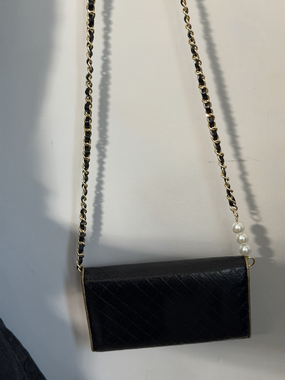CHANEL Black Quilted Flap WOC Gold Hardware Chain Strap Pearl Accents