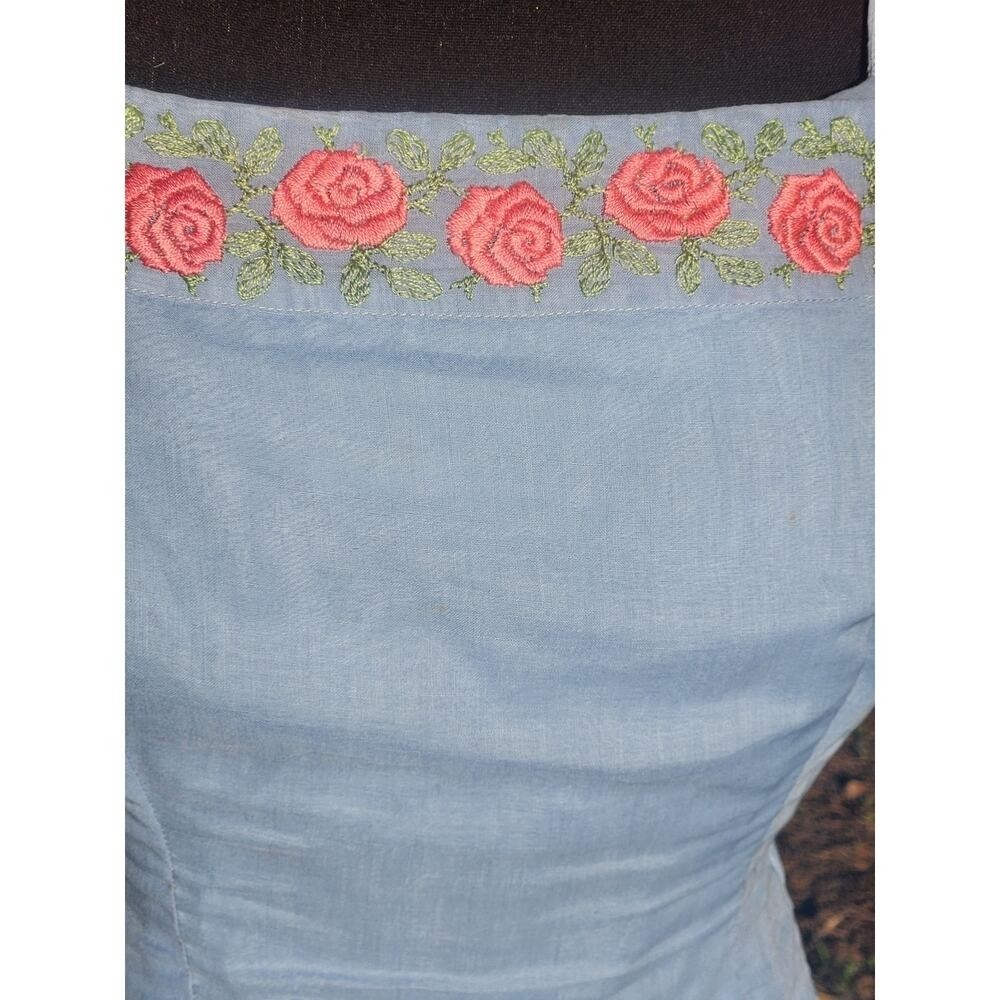 Vtg 50s 60s Peplum Top Curvy Cami Blue Pink Roses Embroidered Bust 30 XS Union