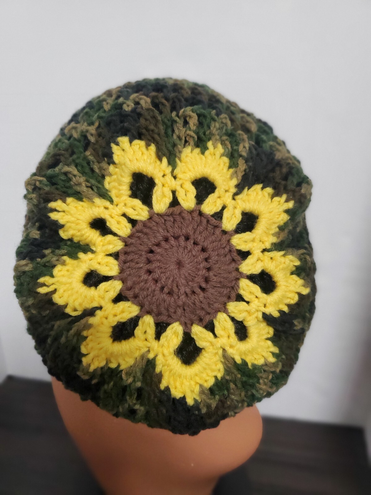 Camouflage Crochet Flower Tam Slouch Hat With Drawstring Handmade One Size