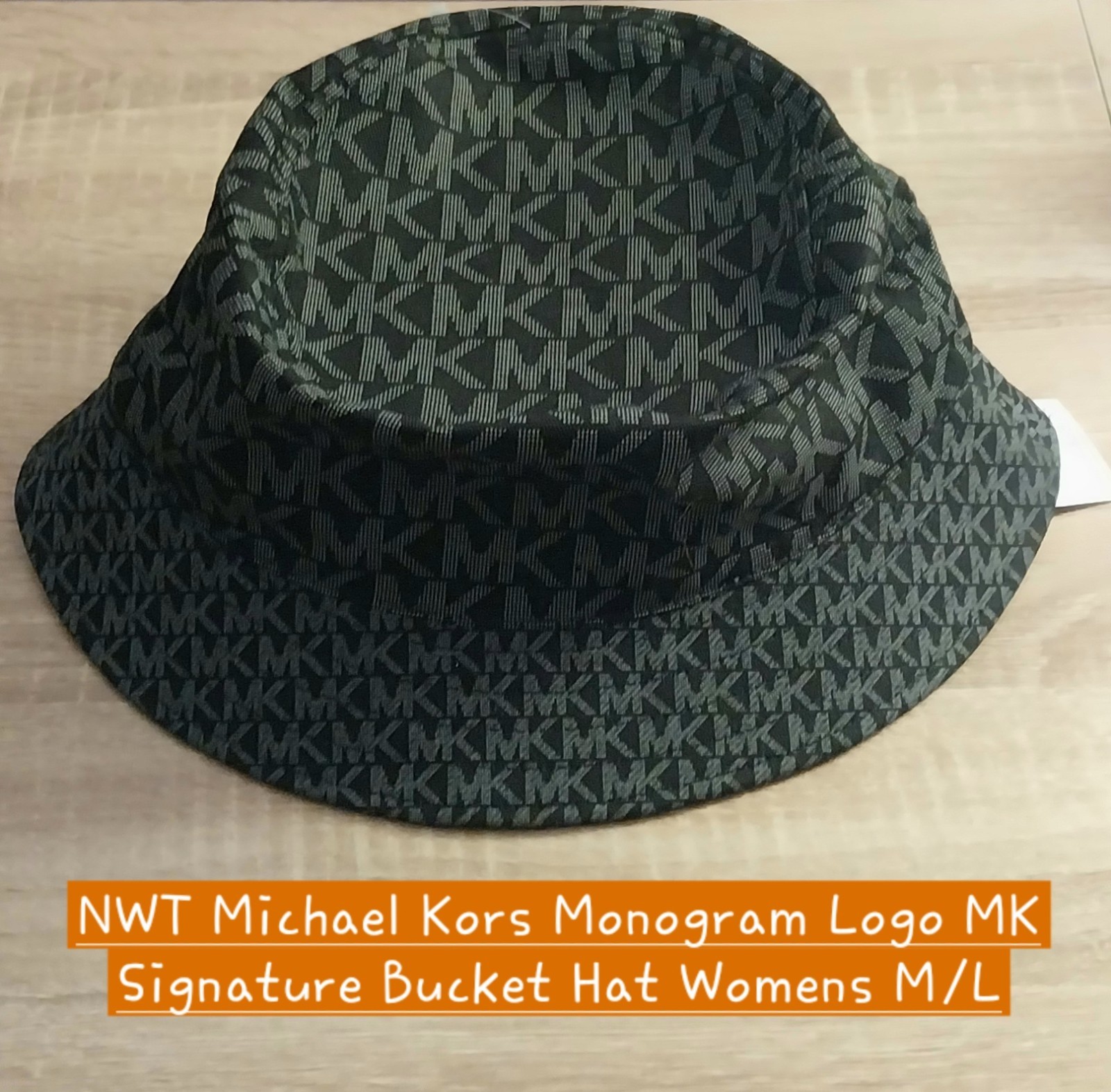 NWT MICHAEL Michael Kors Monogram Logo Black Bucket Hat Spring 2026 M/L