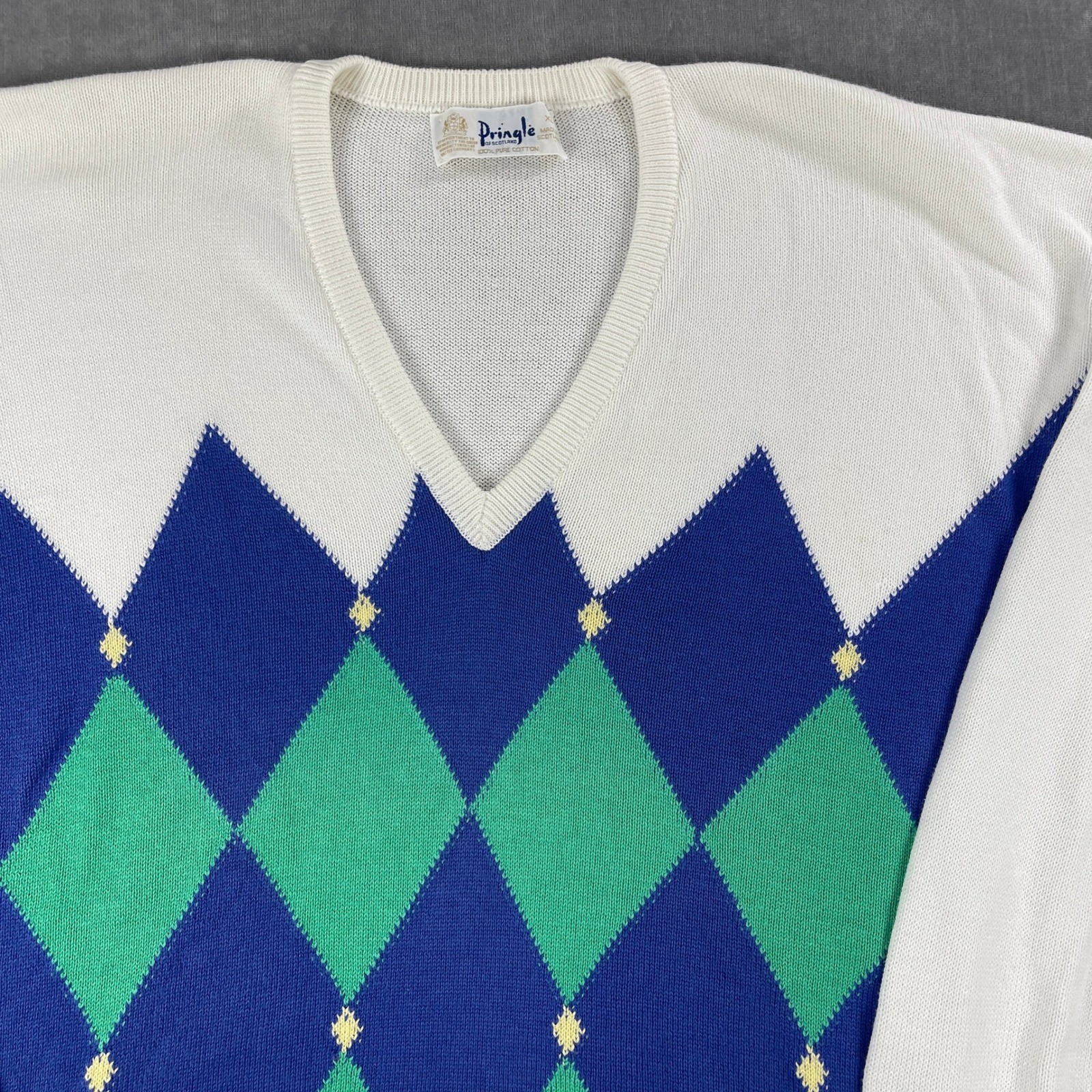 Pringle of Scotland Men XL White Argyle V-Neck Sweater Pure Cotton Made Scotland