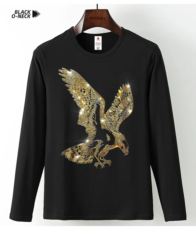 Fashion Trend Eagle Rhinestones Streetwear Long Sleeve Luxury Men V-Neck T-Shirt