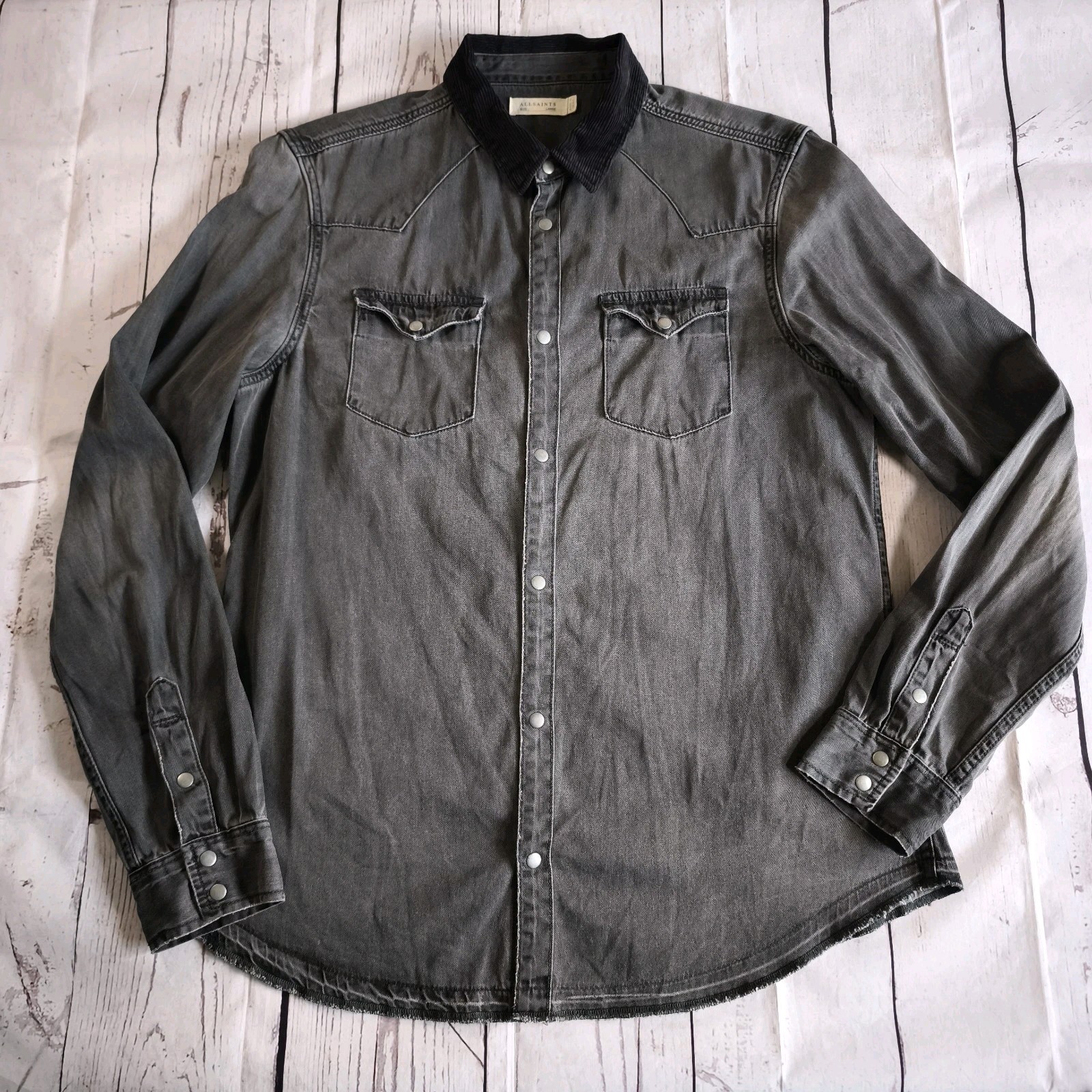 AllSaints Denim Shirt Mens Large Genki Black Grey Pearl Snap Distressed Western