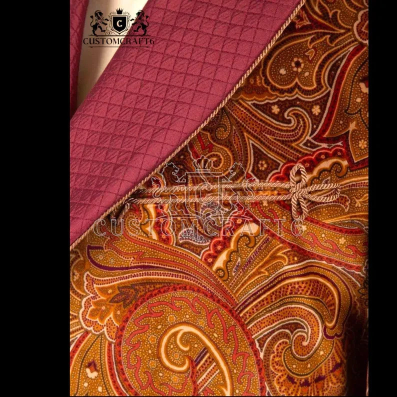 Luxury Men’s maroon jamawar Smoking Robe | Quilted Lapel & Cuffs | Victorian Sty