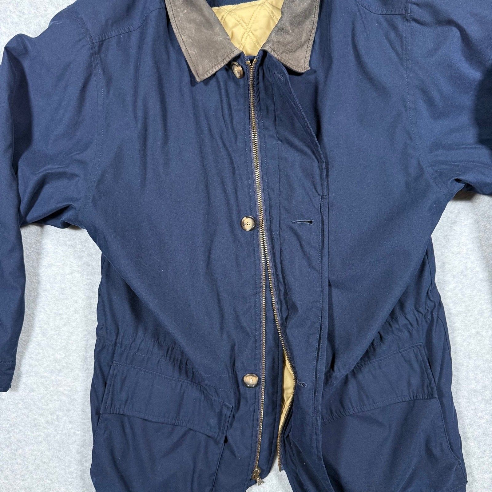 Eddie Bauer Mens Navy Blue Quilted Lined Chore Jacket Leather Collar Medium Y2k