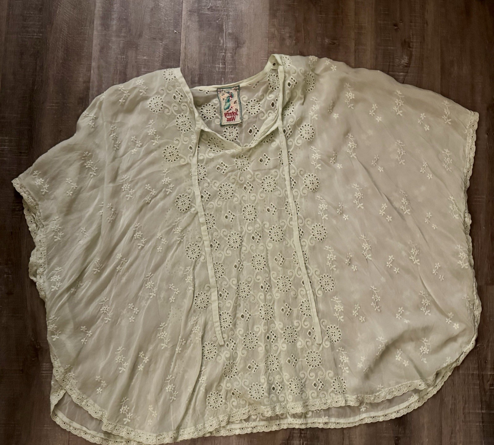 Johnny Was Mint Green Eyelet Embroidered Boho Blouse Oversized Butterfly Top