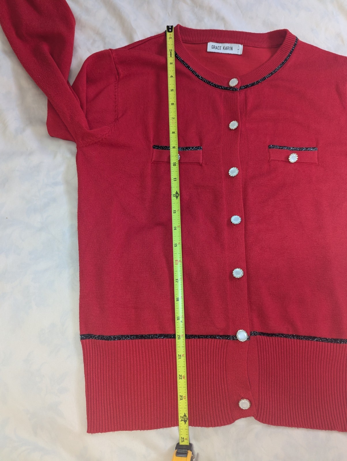 Grace Karin Red Cardigan Sweater Women’s Small Pearl Button Knit Office Preppy