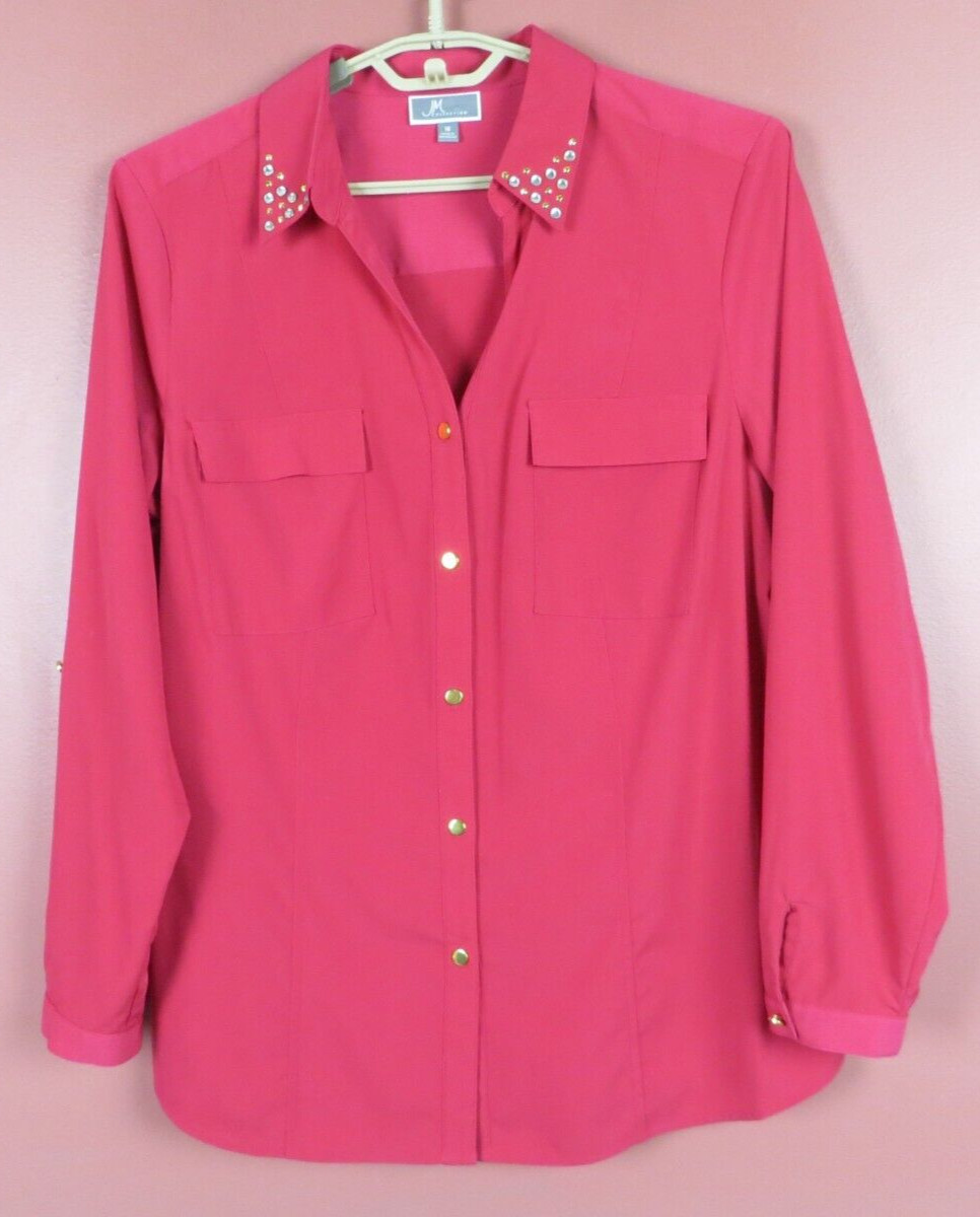 JM COLLECTION Women Slippery Polyester Blouse Pocket Beaded Dark Magenta Pink 16