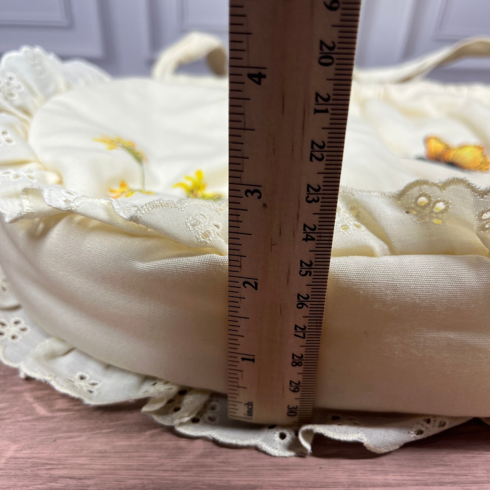 Hand Painted Floral Butterfly Handbag Cream Eyelet Lace Wood Handle Cottagecore