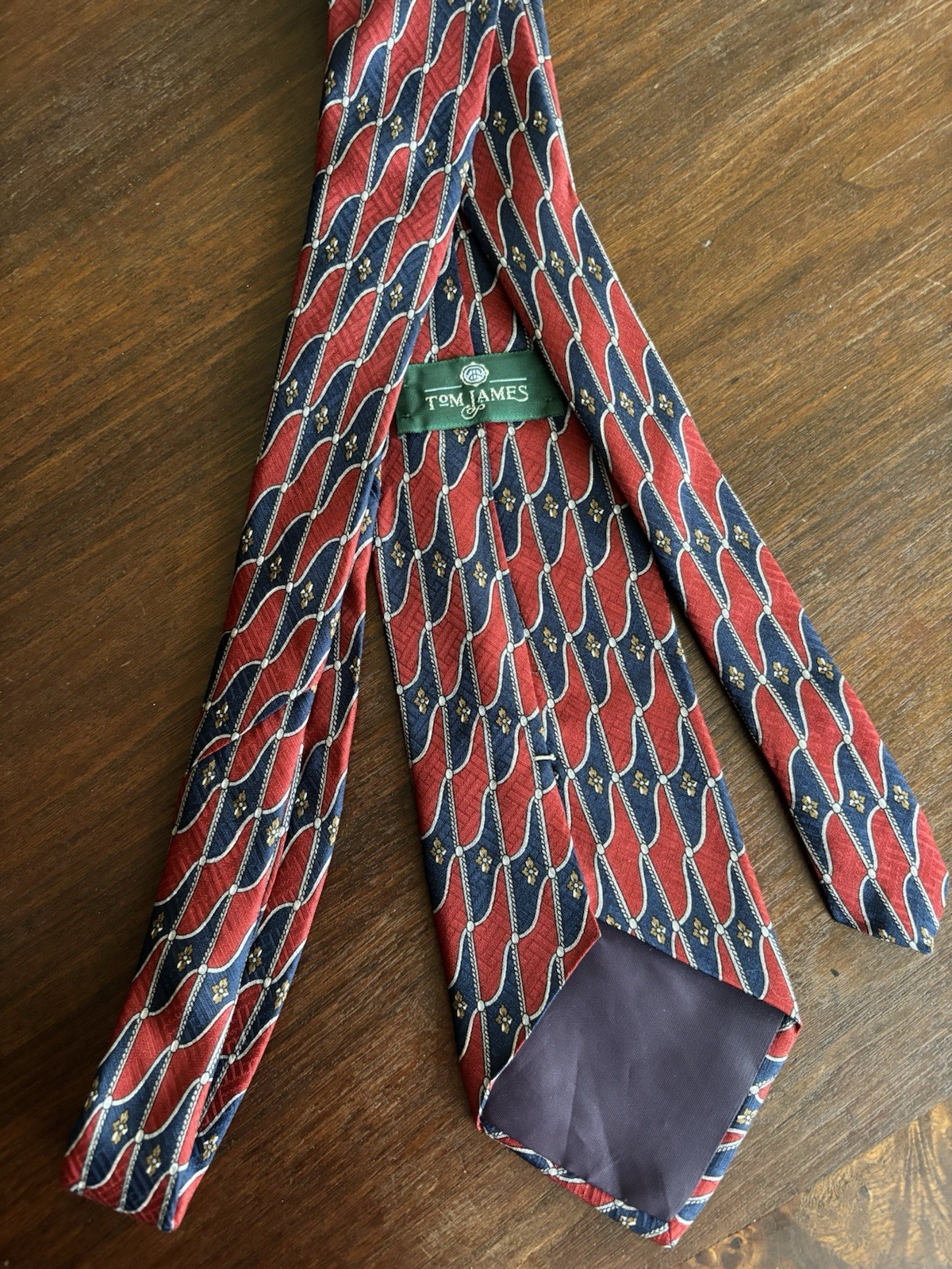 Tom James Silk Neck Tie Tall Man Red Geometric Medallion Made USA 64 Inches