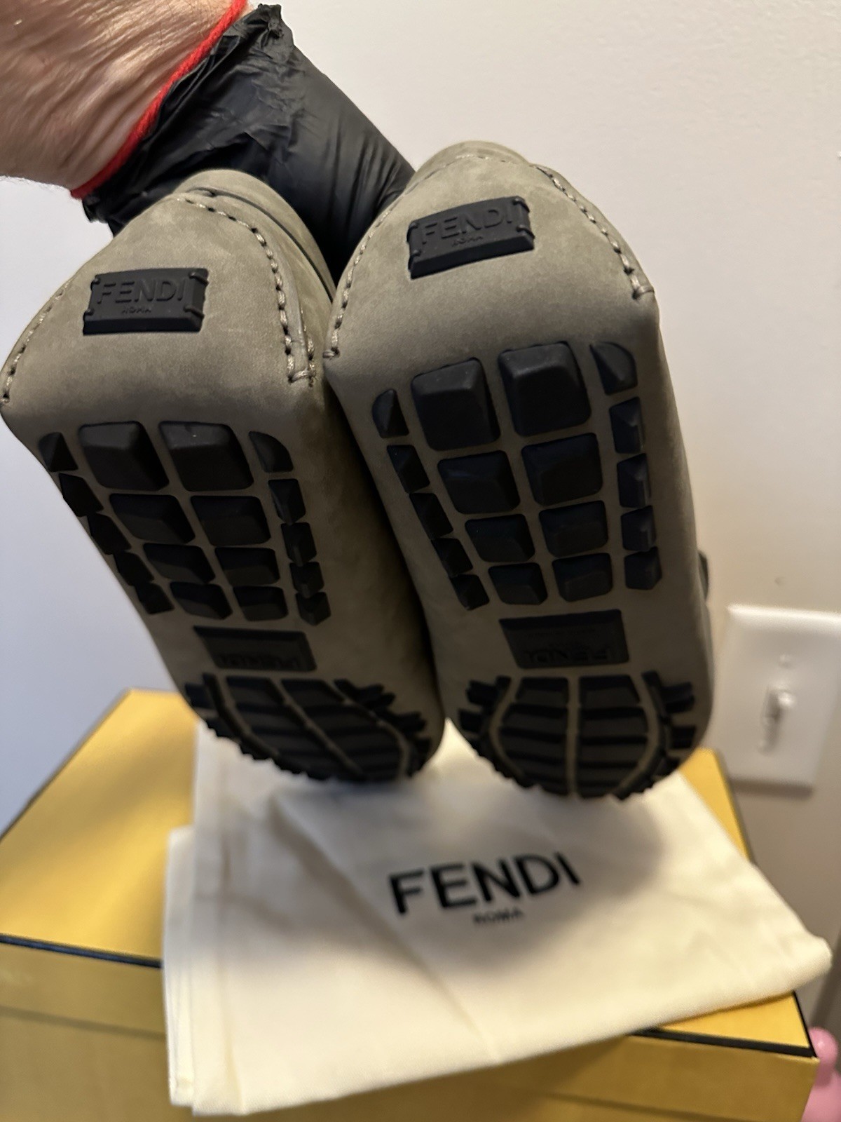 Fendi FF Logo O’Lock Suede Drivers Shoes QUARTZ 12 US/11 UK New $770