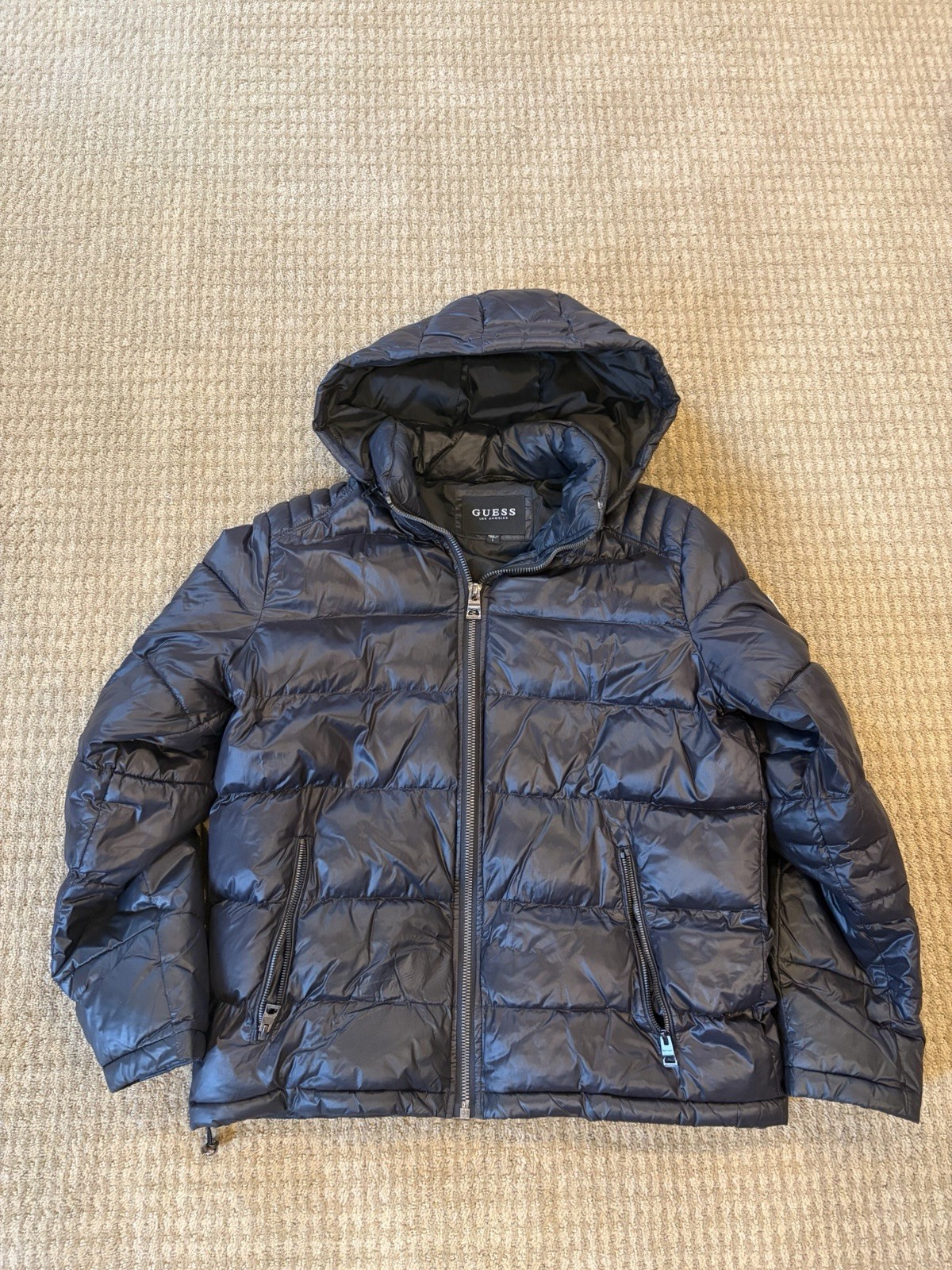 GUESS Men’s Black Quilted Hooded Puffer Jacket Water Resistant Wind Proof Size L