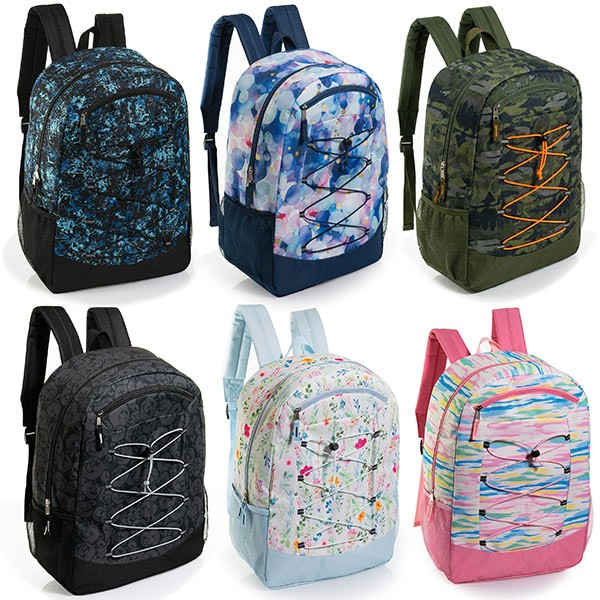 24-Pack 19″ Bungee Cord Backpacks for Kids – Bookbags in Bulk Students, 6 Prints