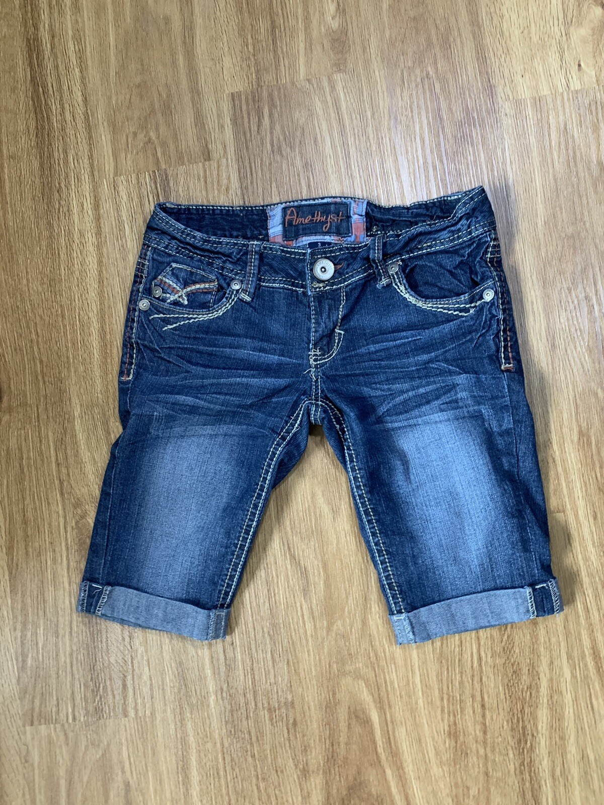 Amethyst Jeans Womens Blue Denim Shorts Cuffed Distressed Size 3