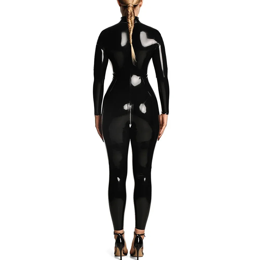 Long Sleeves PVC Leather Jumpsuits Stretch Slim Zipper Open Crotch Catsuit