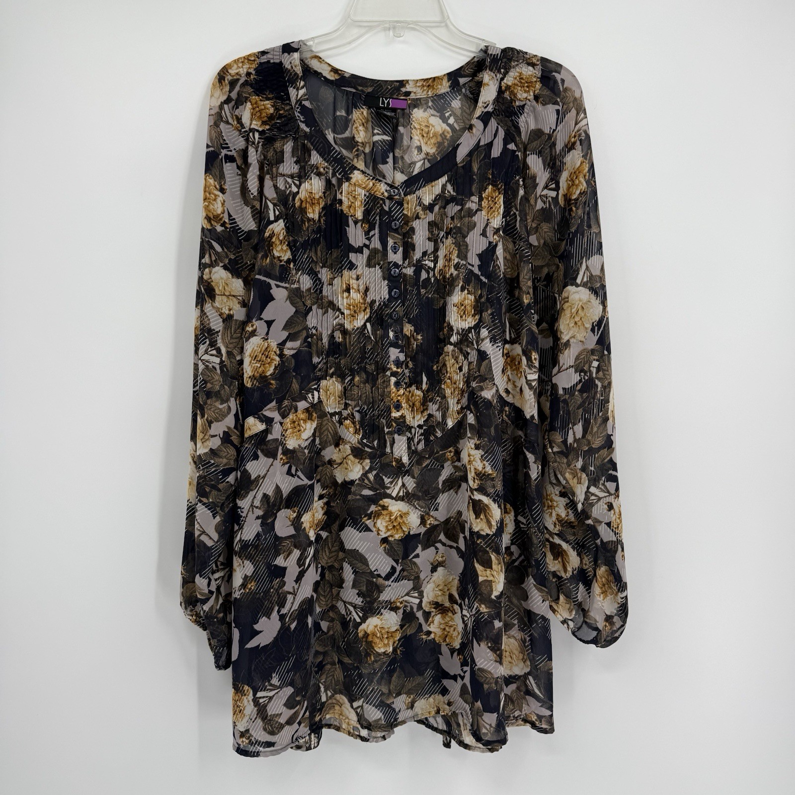 Lysse Black Floral Top Plus Size 2X Womens Semi sheer Blouse Long Sleeves