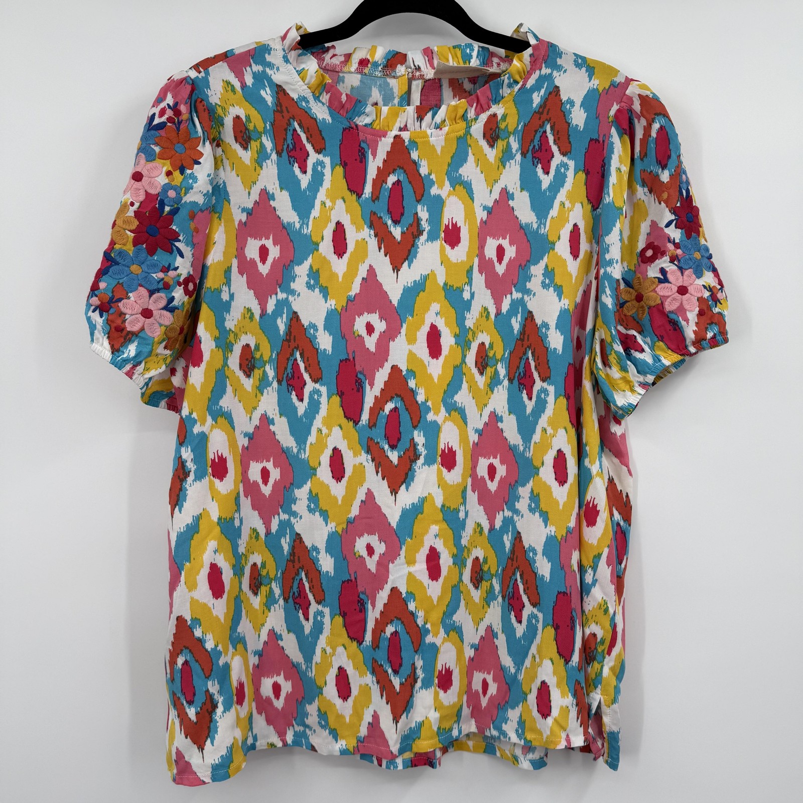 Savanna Jane Blouse Womens Large Multicolor Tunic Puff Sleeve Embroidered Floral