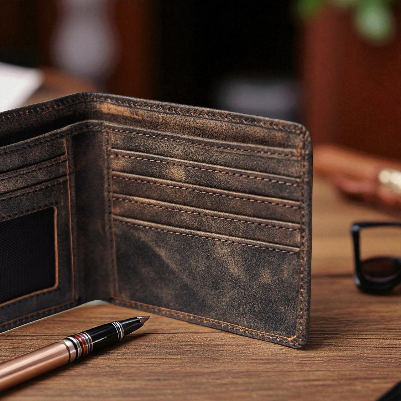 Genuine Slim Antique Leather Wallet For Mens Minimalist Bifold RFID Blocking