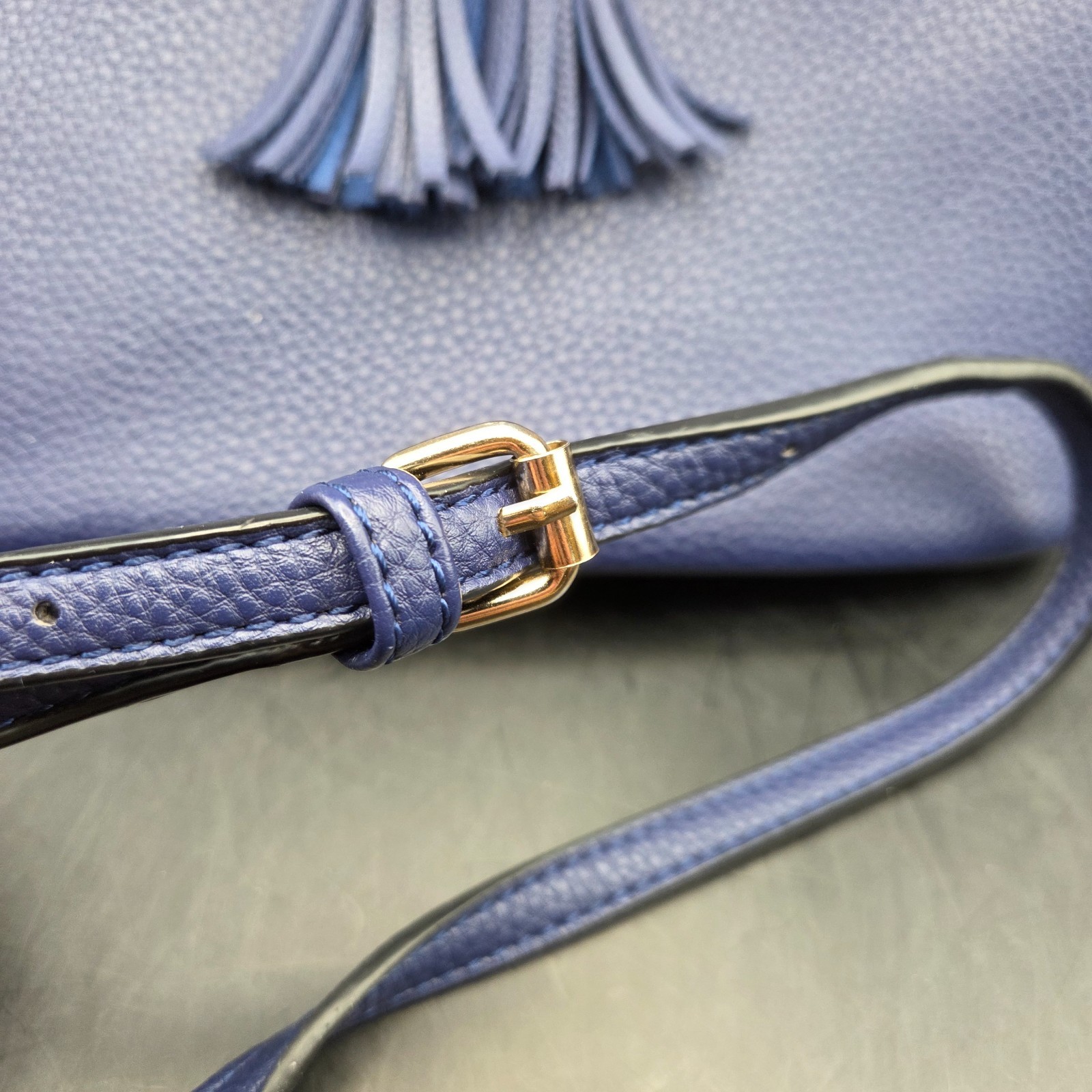 BLUE Faux Leather Crossbody Purse Womens Adjustable Strap Tassel Accent
