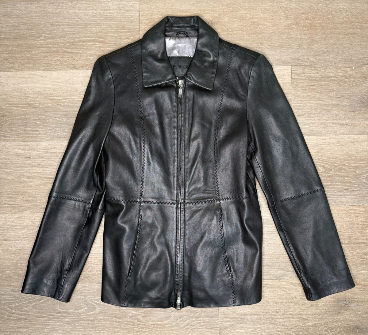 Vintage Guess Genuine Leather Jacket Women’s Black Moto Biker Zip Coat Size S