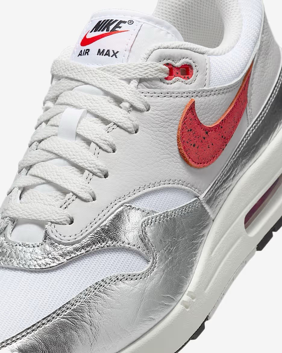 Men Nike Air Max 1 Premium Athletic Shoes White/Metallic Silver/Red HF7746-100