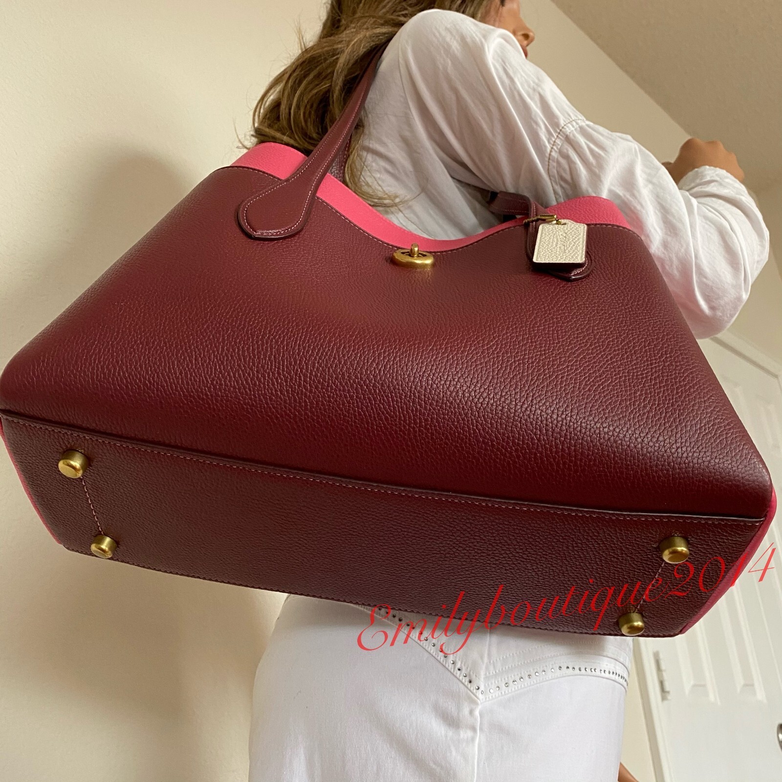 NWT Coach 654 Lora Carryall In Colorblock Wine Pink Pebble Leather Shoulder Bag