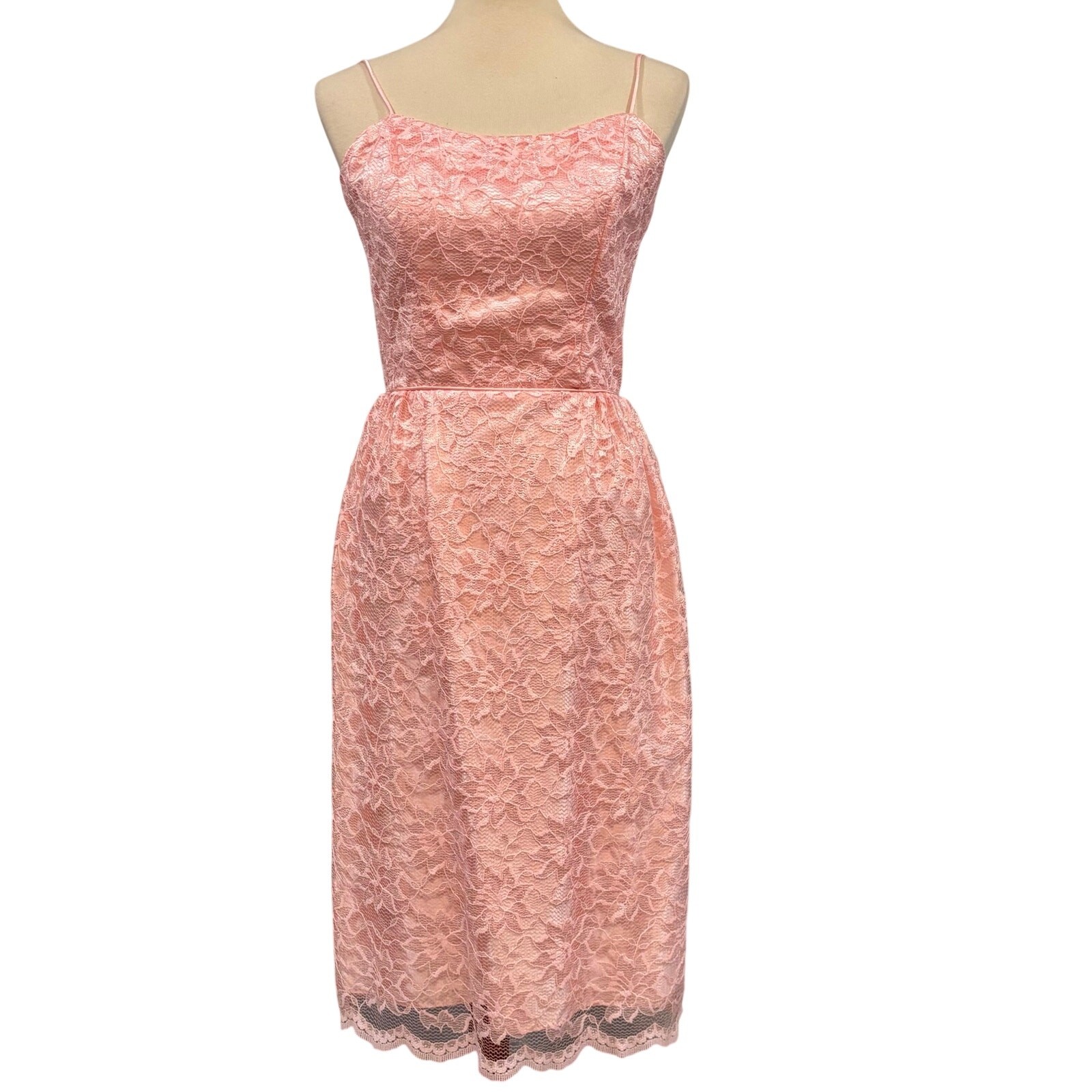 VTG Pink Lace Handmade Midi Dress Coquette Fairycore Prom Slip Dress, Size Small