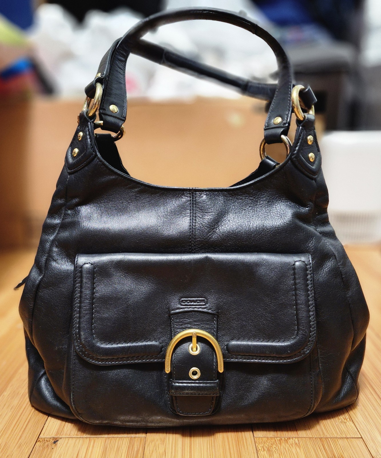 COACH Campbell F24686 Black Leather Large Hobo Shoulder Bag Chunky Brass Buckle