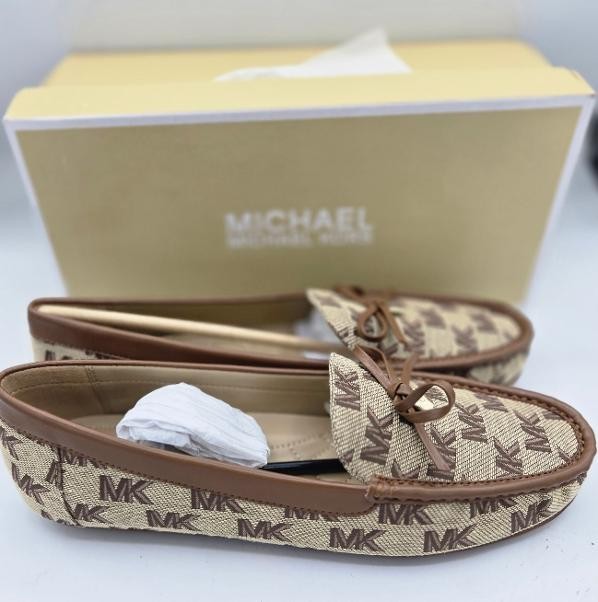 Michael Kors Size 9.5 Juliette Logo Jacquard Loafer Shoes MK Logo Beige/Ebony