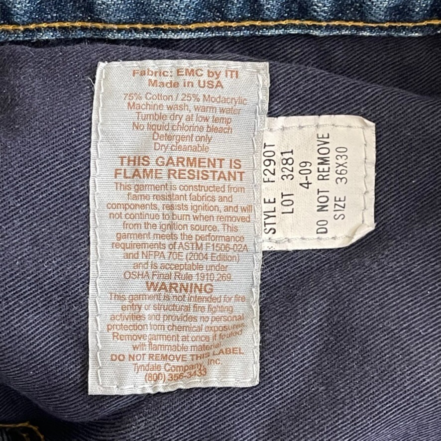 Tyndale FR Flame Resistant MENS F290T Cotton Denim Blue Jeans SIZE 34×29 USA