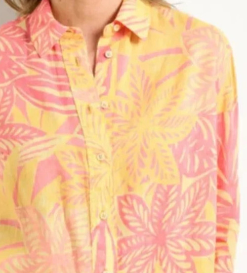 NWT $109 TALBOTS PINK/YELLOW LINEN WATERCOLOR BOTANICAL SHORT SHIRT BLOUSE 1X