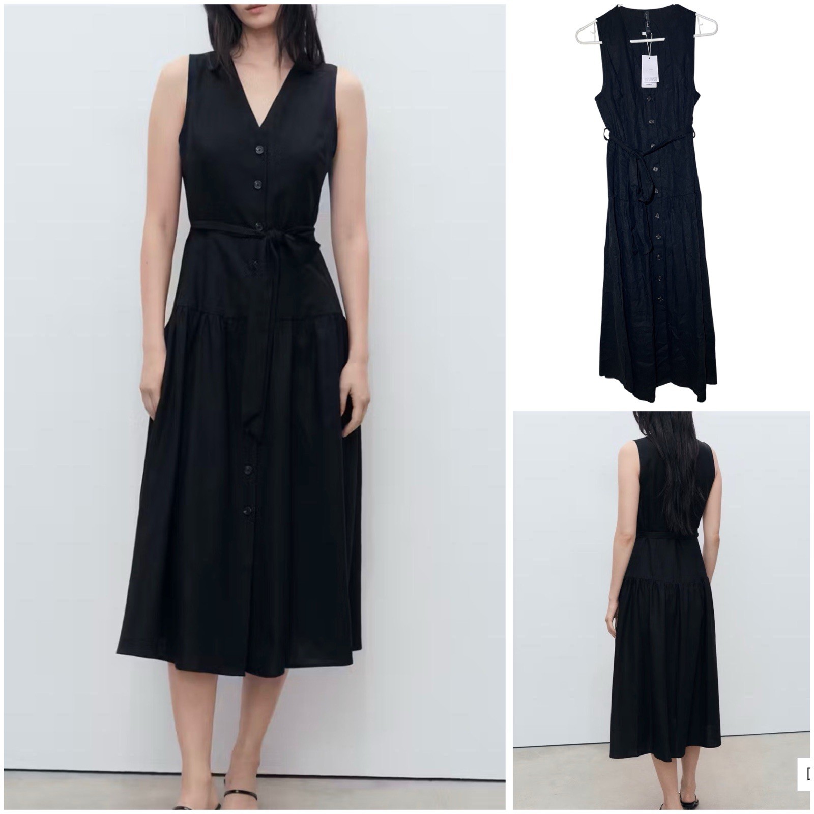Mango MNG Black Midi Linen Blend Sleeveless Dress with Belt Size XS NEW!