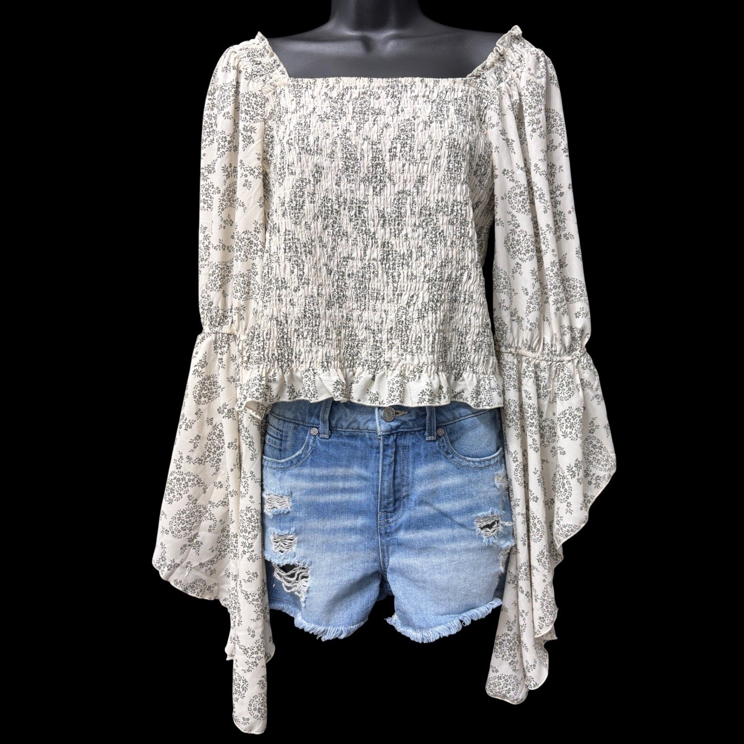 Hesperus Smocked Top Womens M Cream Floral Boho Fairy Y2K Asymmetric Cottagecore