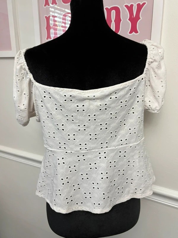 Blue Rain White Eyelet Puff Sleeve Peplum Top Size XL