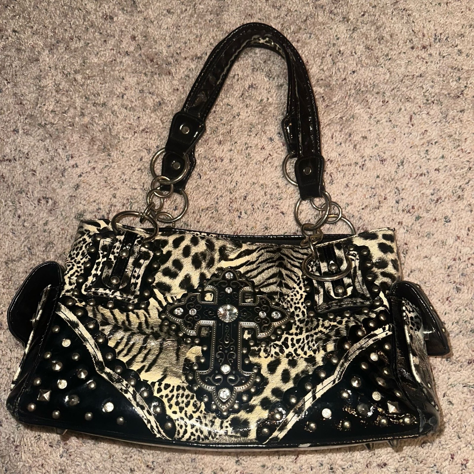 Texas West Western Cross Leopard Print Studded Handbag with Rhinestone Accents